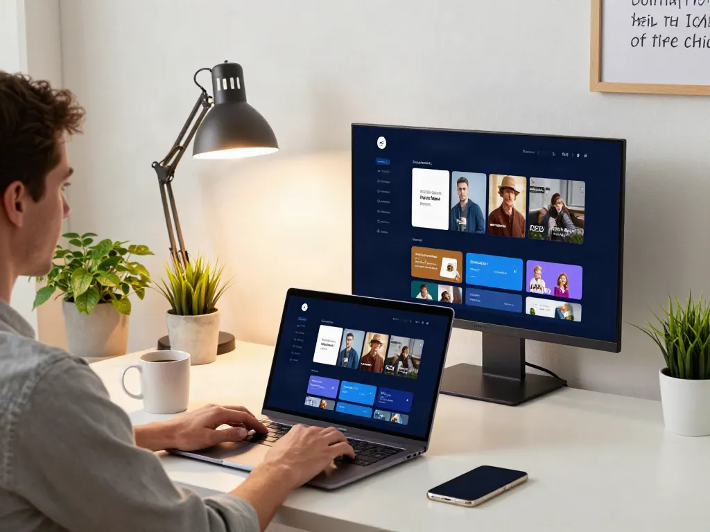 Download here MovieBox Pro app on a laptop in a stylish home workspace.