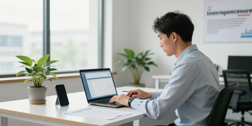 Man werkt met een gratis boekhoudprogramma zzp op een moderne bureau in een lichte kantooromgeving.